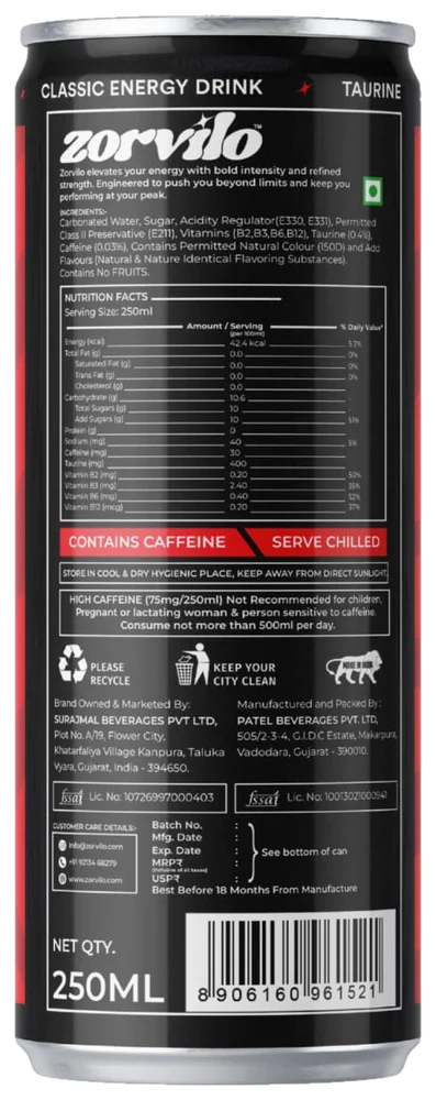 Back of the Zorvilo energy can showing the nutrition and ingredient panel