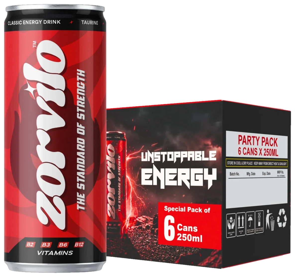 Zorvilo energy drink can beside the six-can party pack carton
